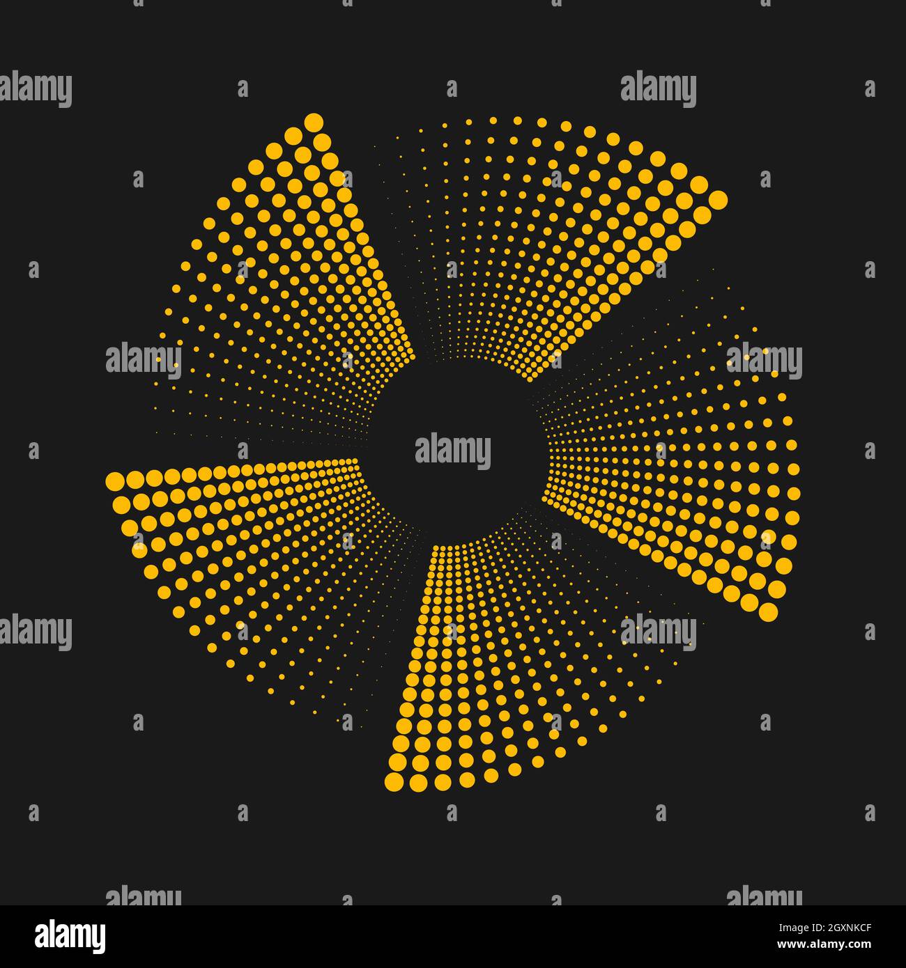Strisce tratteggiate mezzitoni gialle a ventaglio. Art. Geometrico elemento di design per cornice di bordo, tecnologia logo rotondo, tatuaggio, segno, pagine web, stampa Illustrazione Vettoriale