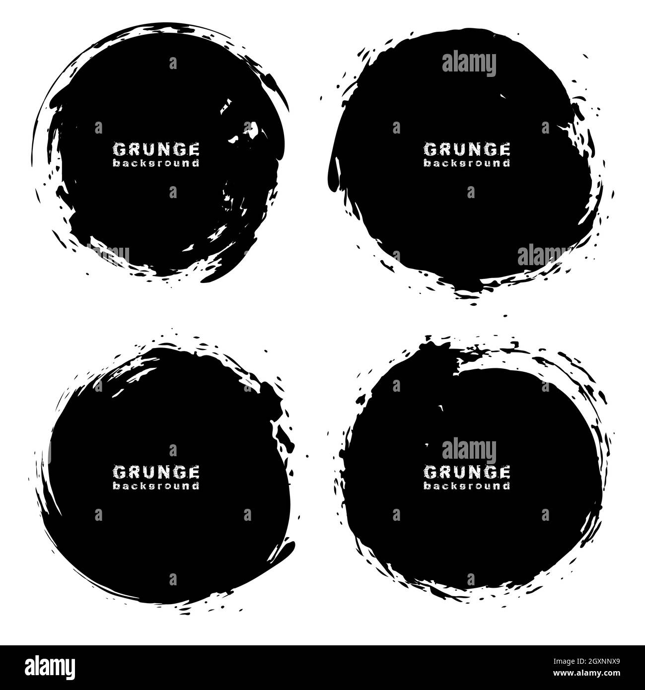 Set di vernice a cerchio nero grunge sfondo urbano. Illustrazione vettoriale. Texture di distress. Elementi di design in stile Doodle per cornici, badge, etichette Illustrazione Vettoriale
