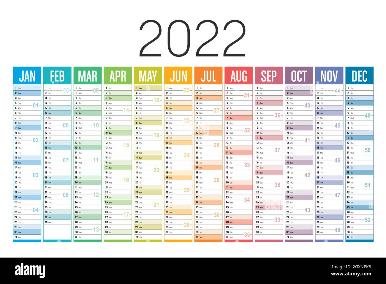 Anno 2022 calendario colorato su sfondo bianco. Modello vettoriale. Illustrazione Vettoriale