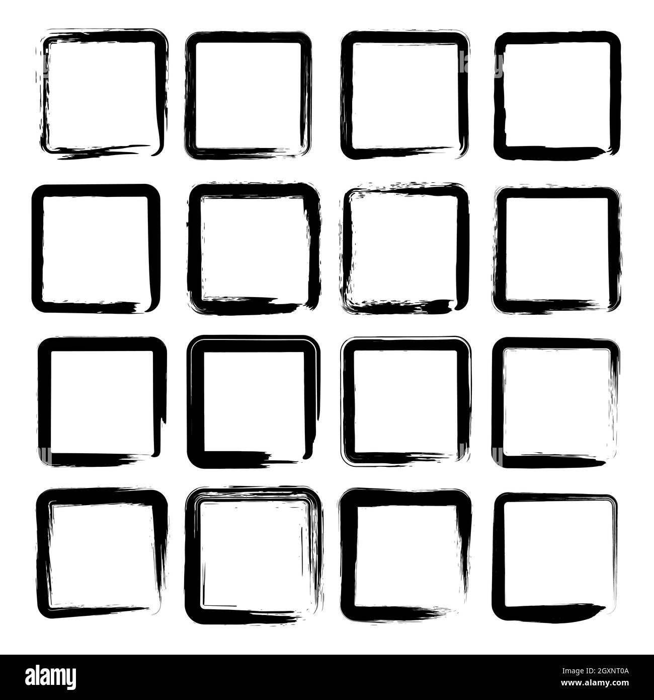 Set di pennelli quadrati con grunge nero. Illustrazione vettoriale. Texture di distress. Pennellate di inchiostro. Elemento di design artistico sporco per le cornici di testo Illustrazione Vettoriale