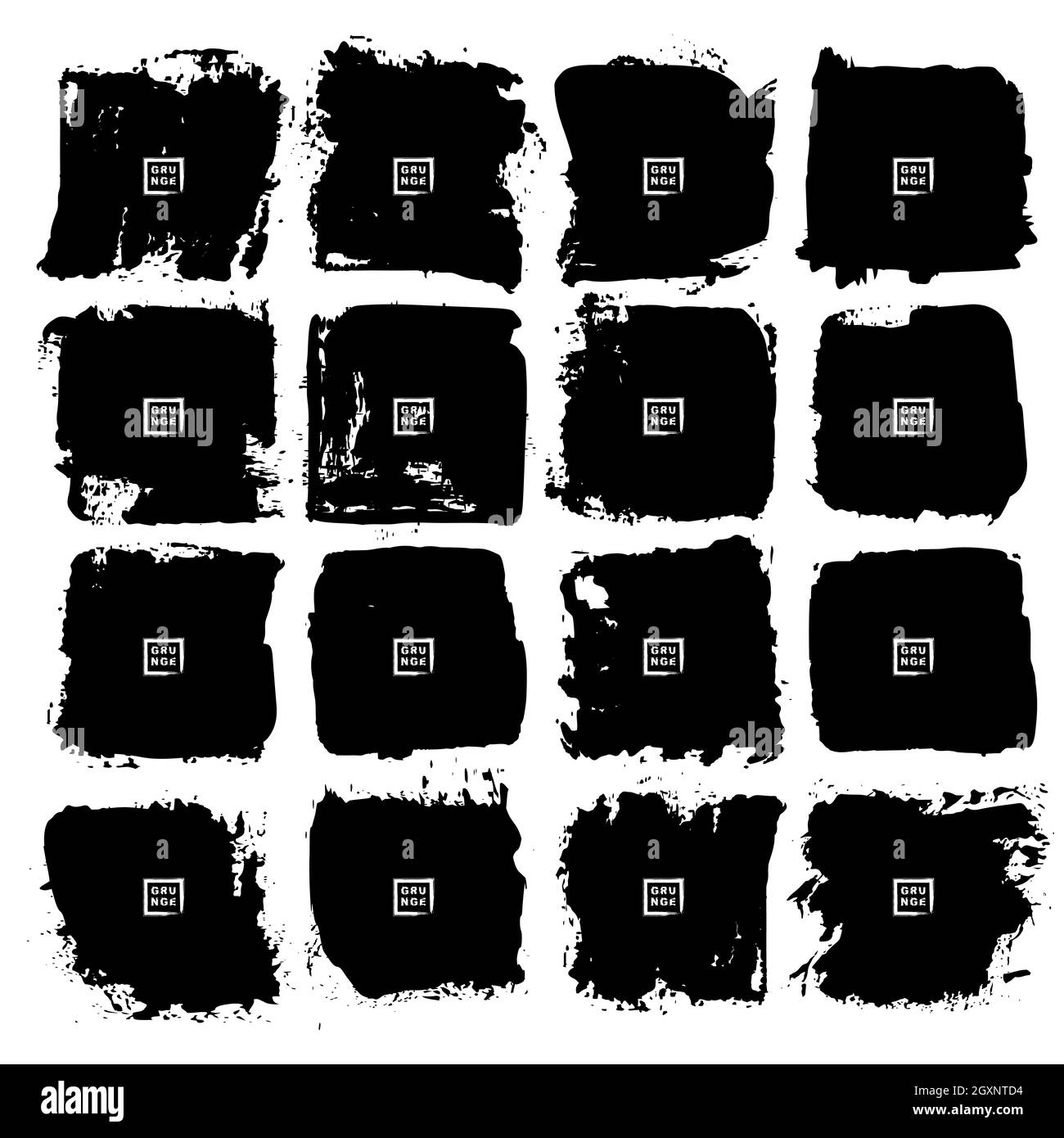 Set di sfondi neri del pennello grunge. Illustrazione vettoriale. Isolato. Texture di distress. Pennellate di inchiostro. Elemento di design artistico sporco Illustrazione Vettoriale