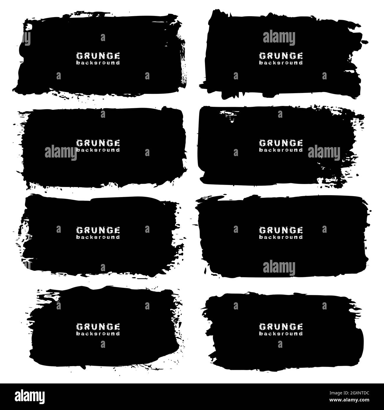Set di sfondi rettangolari neri. Illustrazione vettoriale. Isolato. Texture di distress. Pennellate di inchiostro. Elemento di design artistico sporco Illustrazione Vettoriale