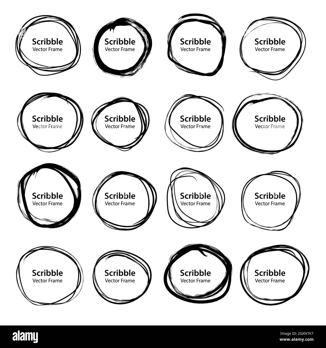 Set di cerchi neri disegnati a mano. Elementi di design abbozzati in stile Doodle per cornice rotonda, logo, etichette, badge, note Illustrazione Vettoriale