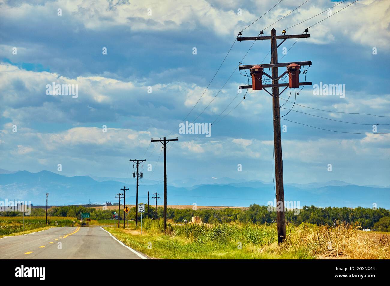 Pali telefonici accanto alla strada attraverso il deserto con montagne in lontananza Foto Stock