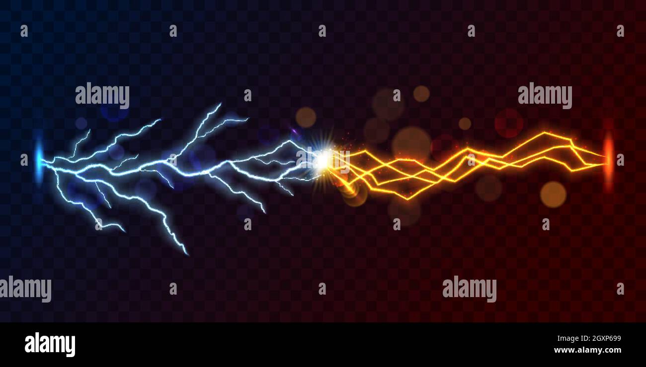 Fulmine thunderbolt contro il flash di cortocircuito, vettore 3d su sfondo trasparente. Scarica di energia elettrica con fulmini blu e giallo Illustrazione Vettoriale