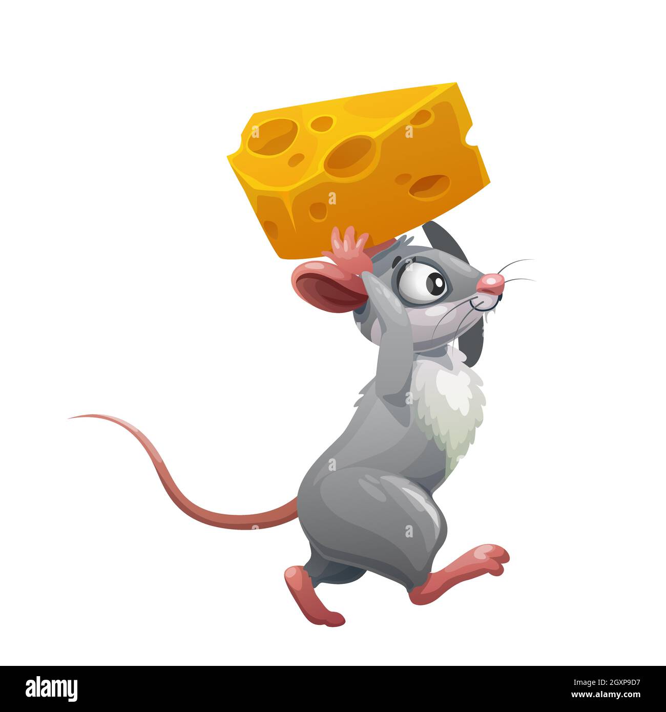 Mouse grigio cartoon con formaggio, vettore roditore animale di ratto carino o divertente personaggio di topo piccolo che porta formaggio al foro del mouse. Peste domestica con hap Illustrazione Vettoriale