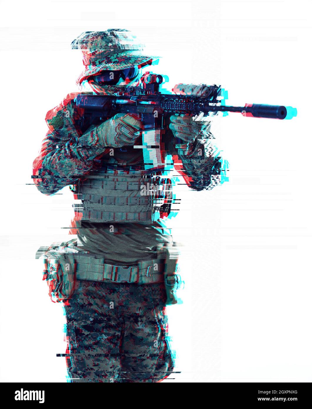 Modern Warfare american marines soldato puntando su laseer vista ottica in posizione di combattimento e ricerca di bersaglio effetti spuri Foto Stock