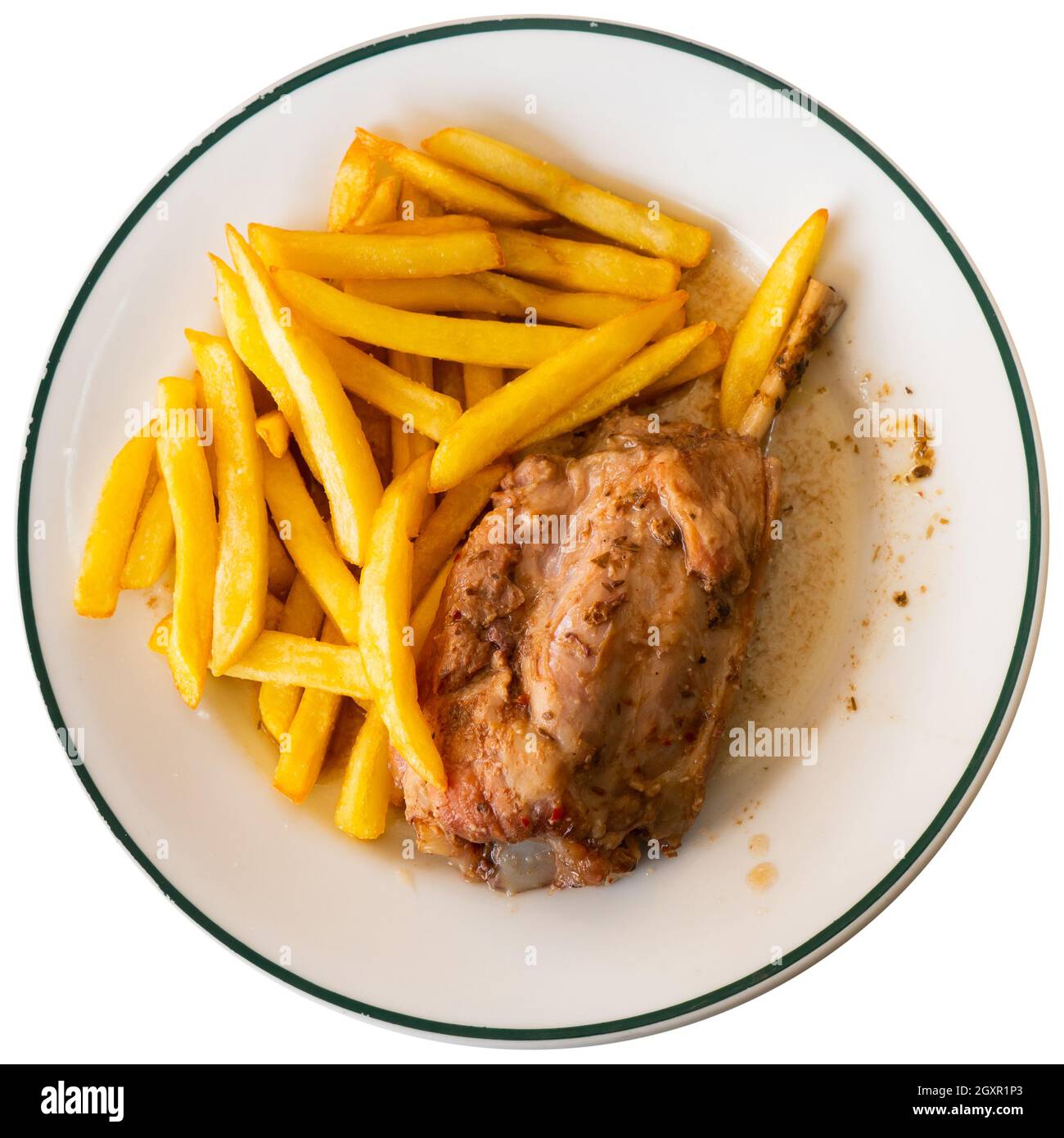 Crusche di maiale brasato con guarnitura di verdure di patatine fritte Foto Stock