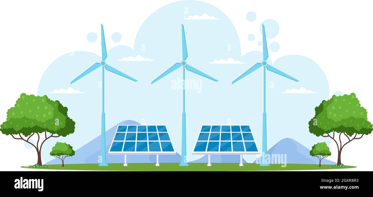 Energia sostenibile ecologica approvvigionamento di fondo Vector Flat Illustrazione Centrale edifici con pannelli solari, gas, geotermica, rinnovabile, Illustrazione Vettoriale