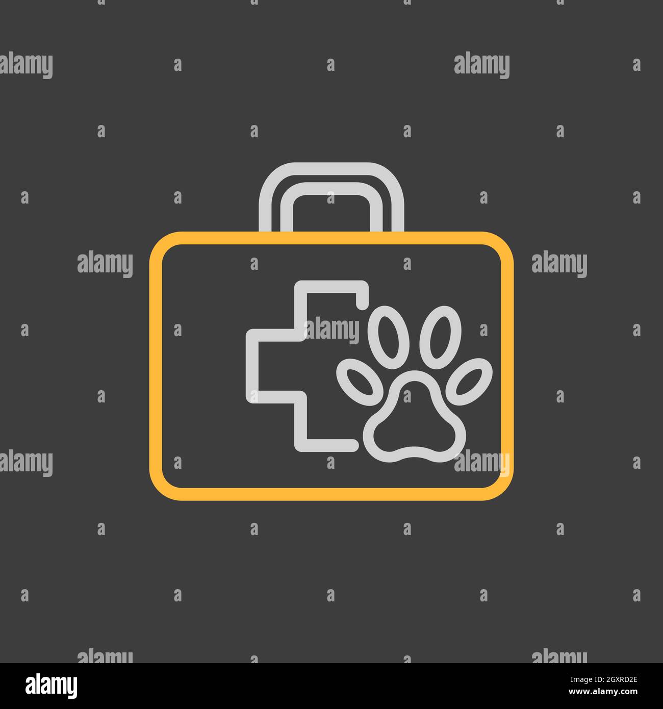 Icona vettore del kit di pronto soccorso PET su sfondo scuro. Scatola clinica. Simbolo grafico per siti Web e applicazioni per animali domestici e veterinari, design, logo, app, interfaccia utente Foto Stock