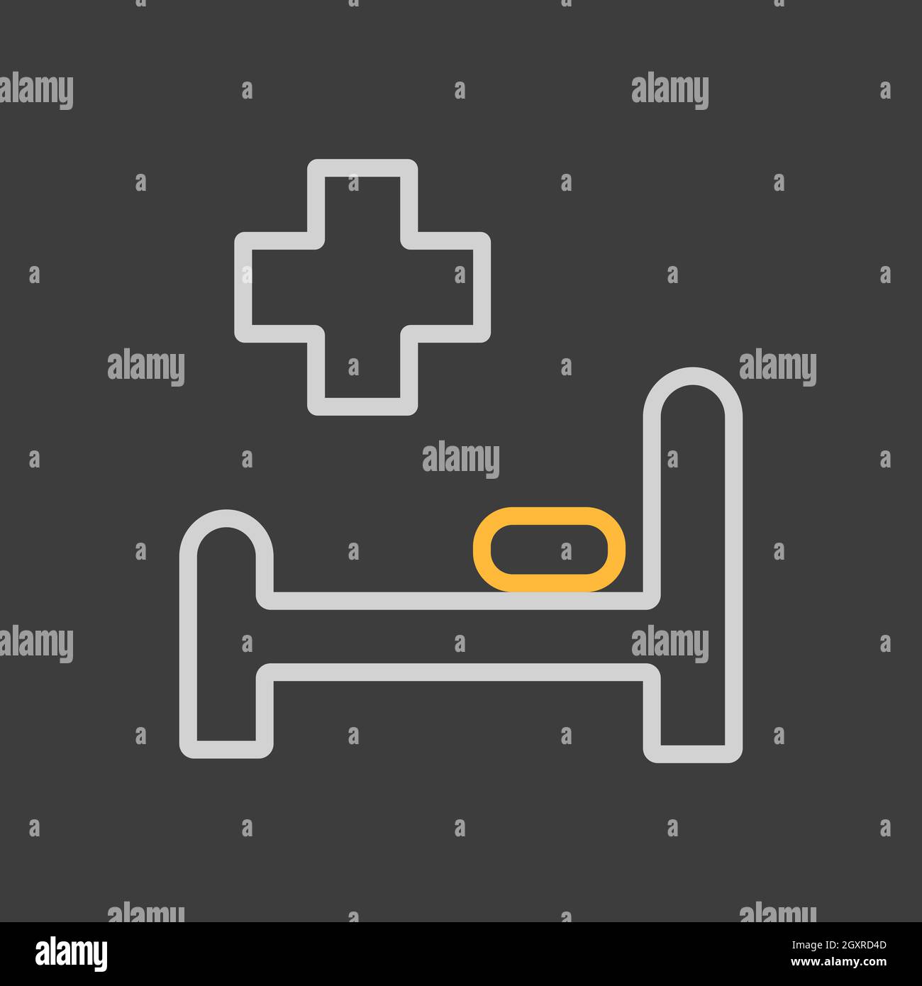 Letto dell'ospedale e icona del vettore incrociato su sfondo scuro. Medicina e assistenza sanitaria, segno di supporto medico. Simbolo grafico per sito web medico e applicazioni desig Foto Stock