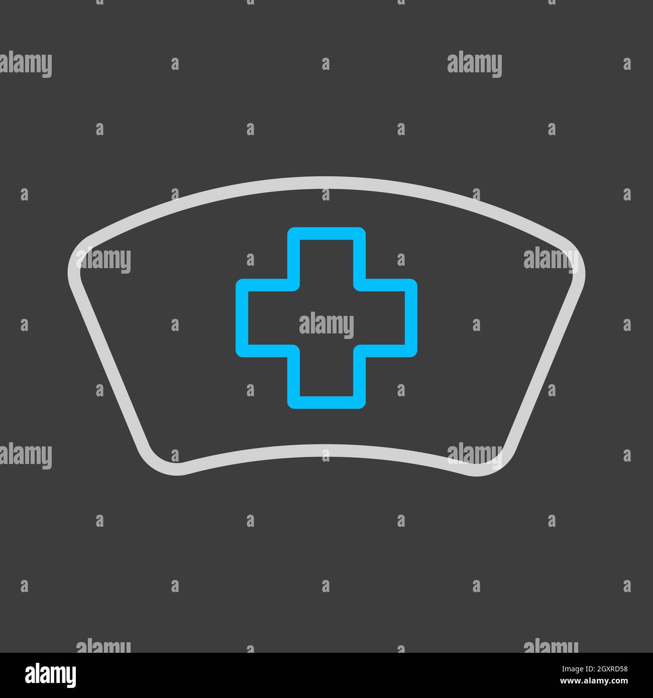 Icona vettore cappello su sfondo scuro. Medicina e assistenza sanitaria, segno di supporto medico. Simbolo grafico per il sito web medico e applicazioni design, logo, app, Foto Stock