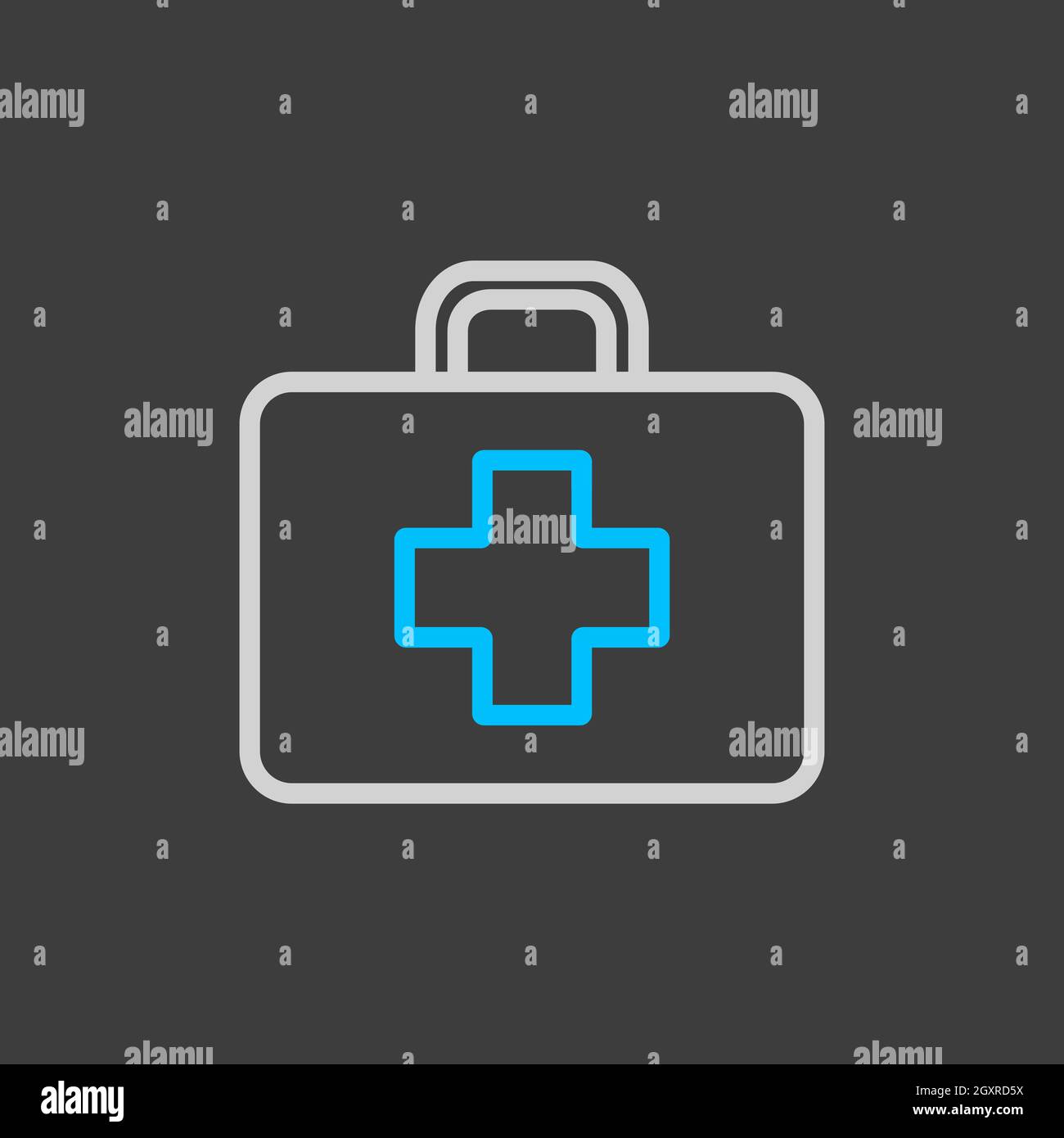 Icona vettore di primo soccorso su sfondo scuro. Medicina e assistenza sanitaria, segno di supporto medico. Simbolo grafico per il sito web medico e applicazioni design, logo, Foto Stock