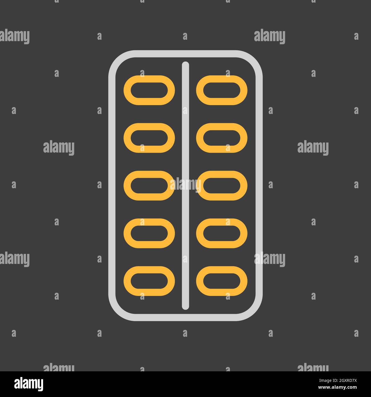 Icona vettore striscia pillole su sfondo scuro. Medicina e assistenza sanitaria, segno di supporto medico. Simbolo grafico per il sito web medico e applicazioni design, logo, ap Foto Stock