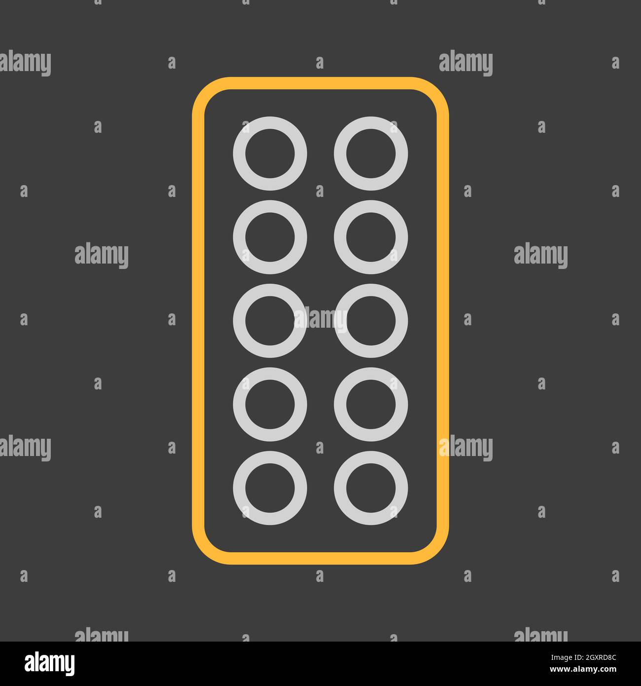 Icona vettore striscia pillole su sfondo scuro. Medicina e assistenza sanitaria, segno di supporto medico. Simbolo grafico per il sito web medico e applicazioni design, logo, ap Foto Stock