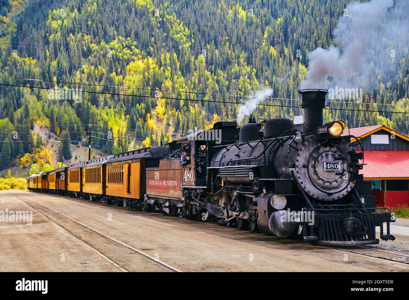 Treno locomotiva a carbone con montagne forestali gialle e verdi Foto Stock