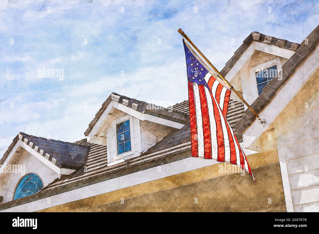 Artist rendering della bandiera americana aggirando dalla facciata della casa. Foto Stock