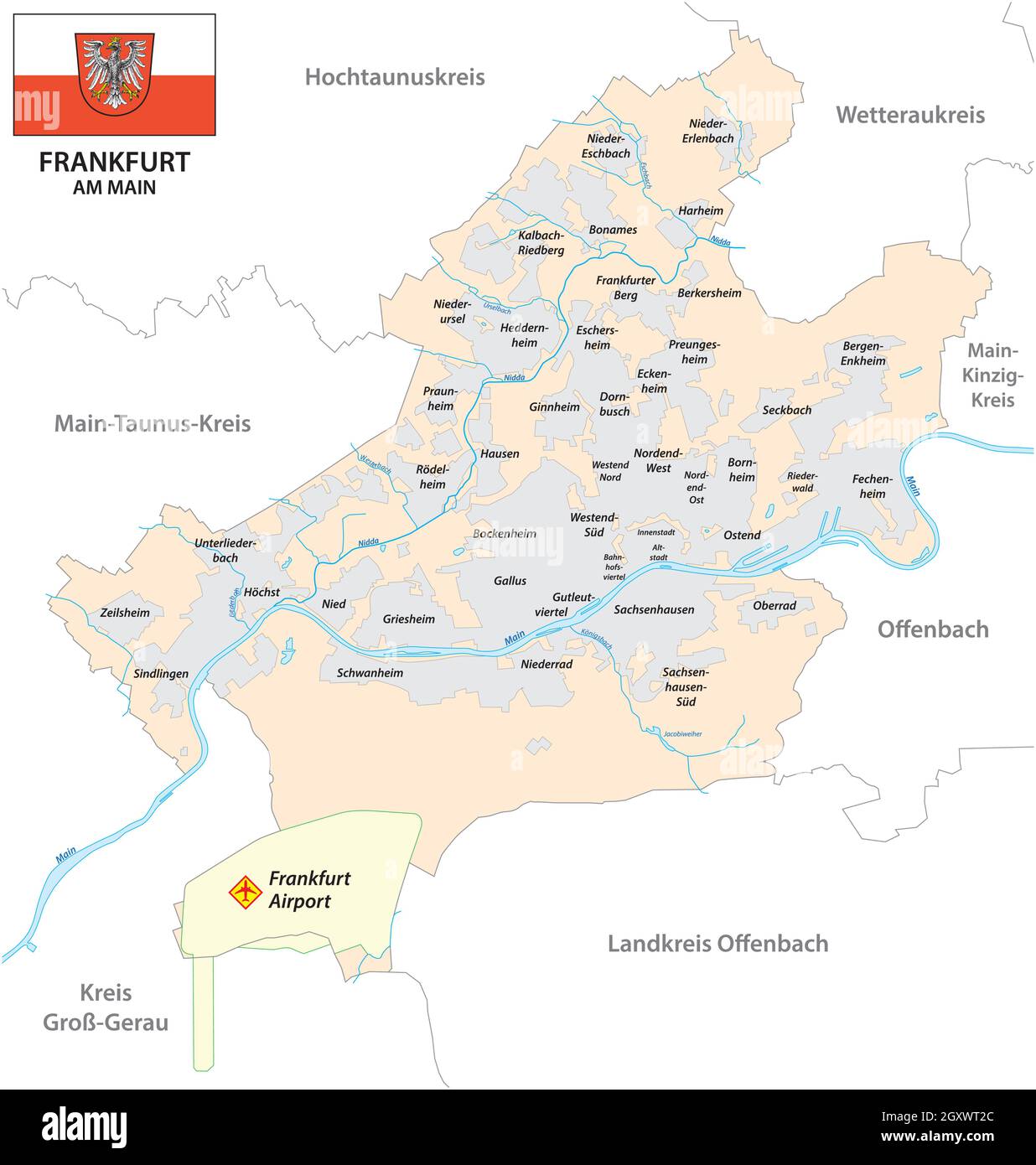 Mappa vettoriale di Francoforte con tutti i distretti e bandiera, Germania Illustrazione Vettoriale
