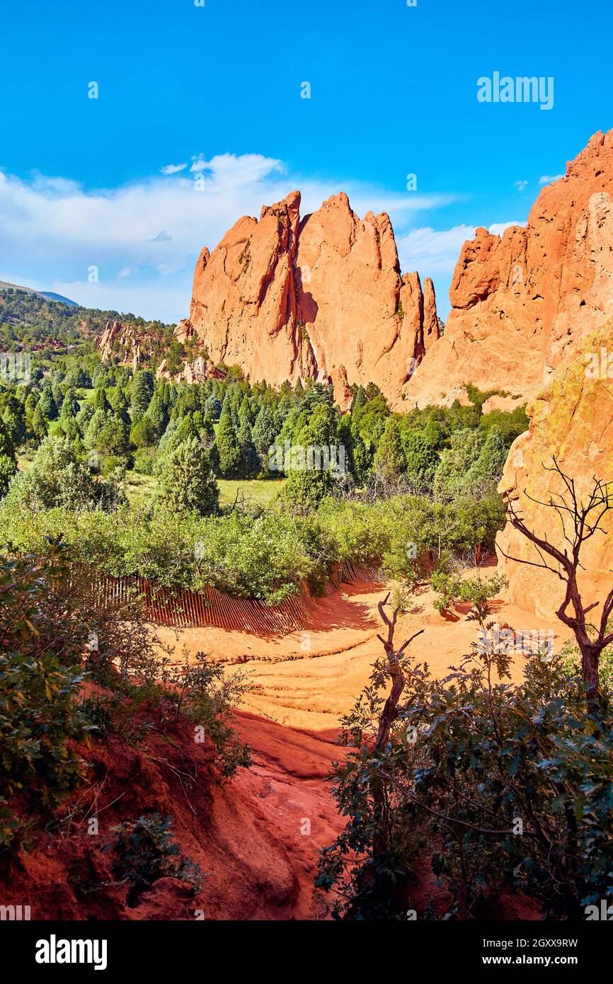 Sentiero che conduce alla foresta verde e gigantesche montagne di roccia rossa Foto Stock