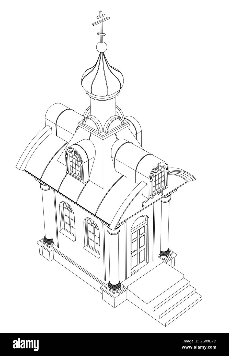 Contorno della Cappella da linee nere isolate su sfondo bianco. Vista isometrica. Illustrazione vettoriale. Illustrazione Vettoriale