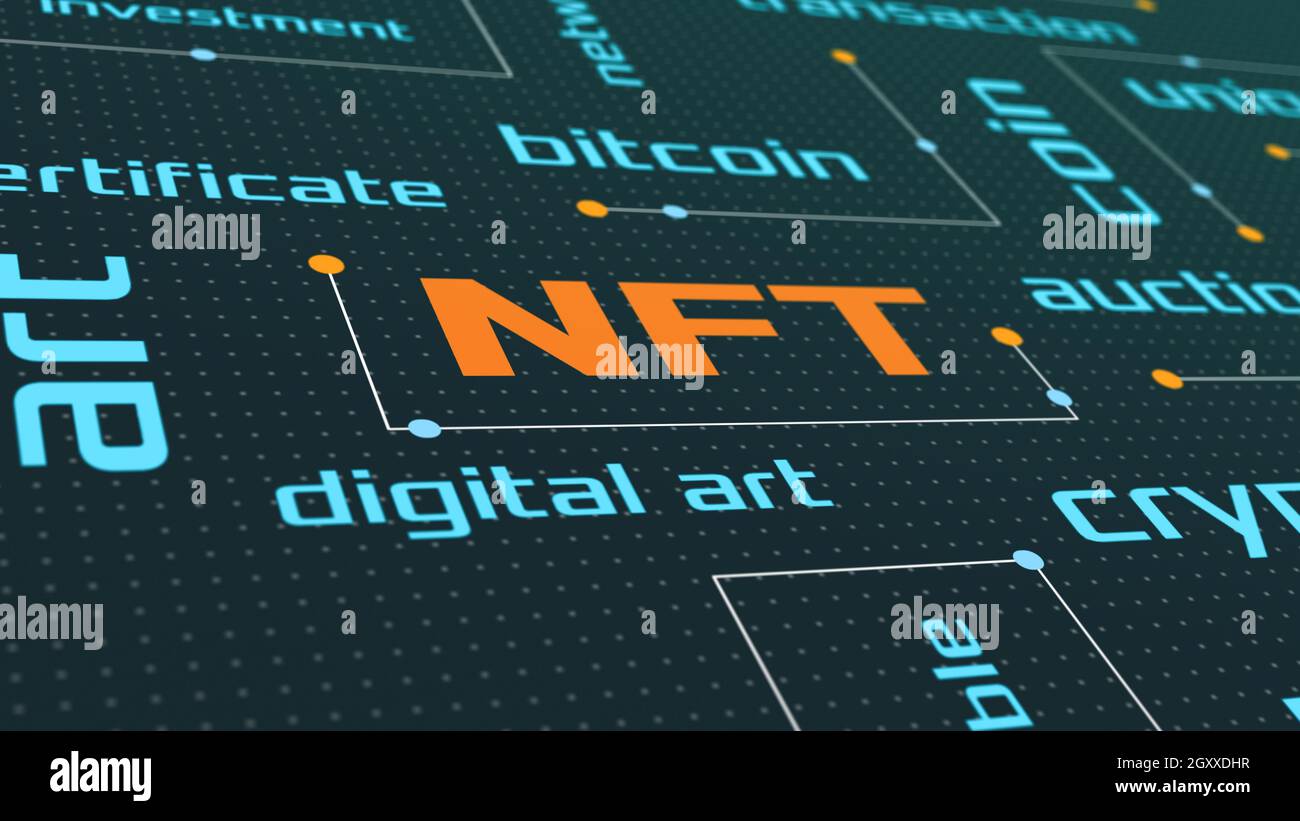 Futuristica nuvola di parole su NFT, token non fungibile, cripto-arte (rendering 3d) Foto Stock