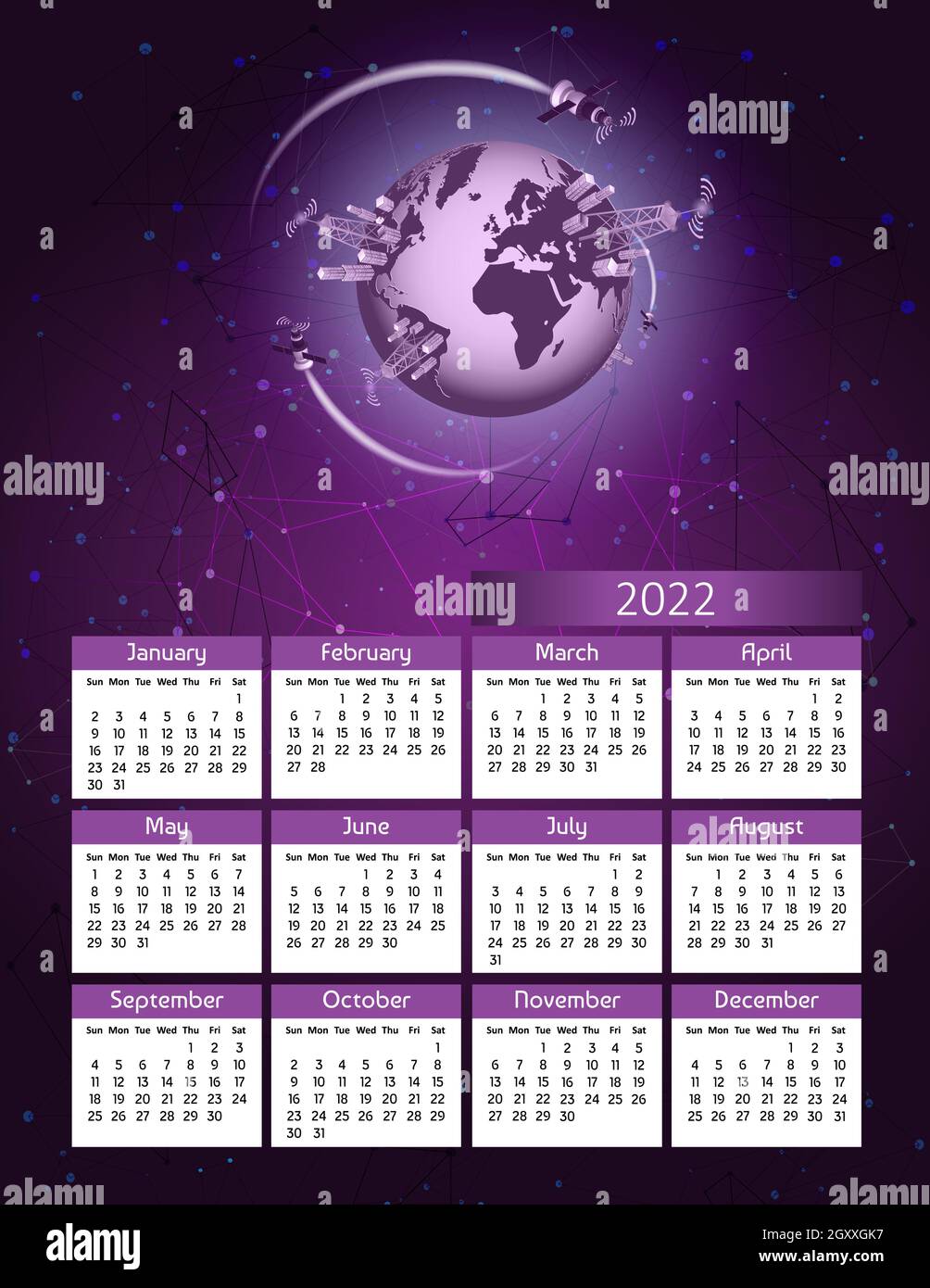 Calendario annuale futuristico verticale 2022 tecnologia 5g con satelliti e pianeta terra, la settimana inizia Domenica. Calendario annuale grande parete colorato moderno Illustrazione Vettoriale