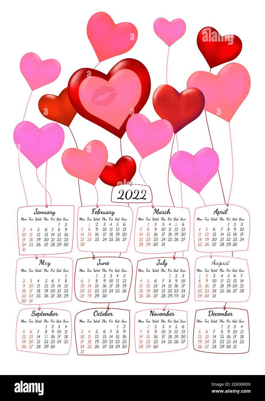 Calendario annuale verticale 2022 con palloncini a forma di cuore tema romantico, la settimana inizia il Lunedi, su bianco. Calendario annuale grande parete colorato moderno Vec Illustrazione Vettoriale