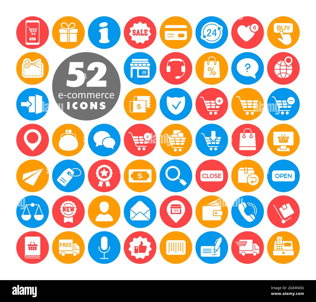 E-commerce Imposta vettore glifi bianco icone shopping e online. Simbolo grafico per il design del sito Web, il logo, l'app, l'interfaccia utente Foto Stock