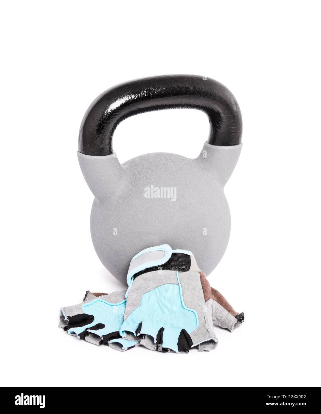 Guanti da ginnastica neri e grigi, isolati su sfondo bianco. Fitness, salute, concetto di body building. Foto Stock