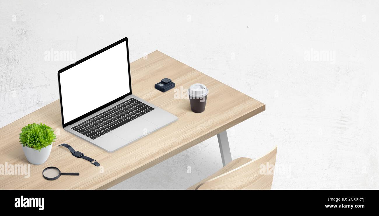 Computer portatile su scrivania in posizione isometrica. Visualizzazione isolata per la presentazione di pagine Web Foto Stock