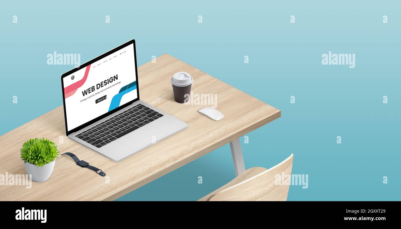 Studio di progettazione Web con computer portatile su scrivania in posizione isometrica. Spazio di copia accanto Foto Stock