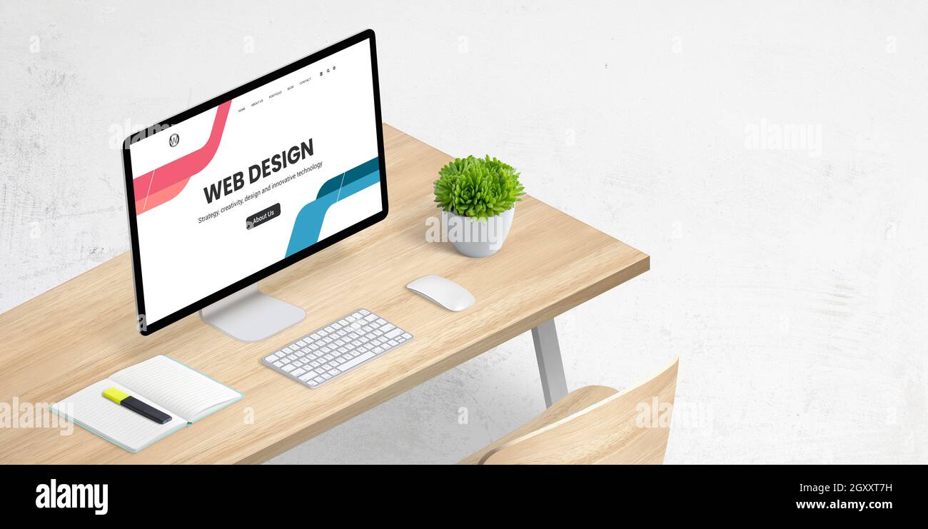 Composizione isometrica per studio di web design con display per computer e scrivania. Spazio di copia accanto Foto Stock