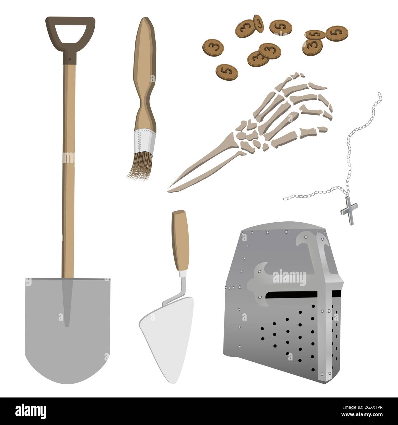 Set di antichità dal sito archeologico medievale di cavaliere-crociatore. Attrezzi di scavo. Illustrazione vettoriale. Illustrazione Vettoriale