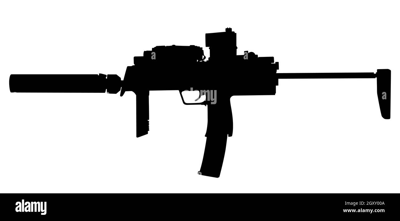 Silhouette vettoriale di moderno fucile d'assalto militare simbolo figura silhouette isolata su sfondo bianco. Armi militari e di polizia Foto Stock