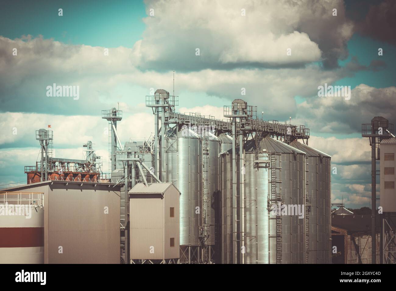 Impianto di trasformazione e silos per essiccare pulizia e stoccaggio di prodotti agricoli, farine, cereali e cereali. Foto Stock