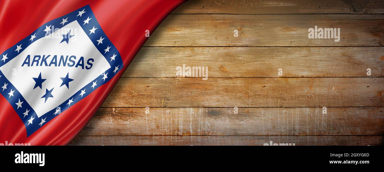 Bandiera dell'Arkansas sul vecchio banner in legno, Stati Uniti. Illustrazione 3D Foto Stock