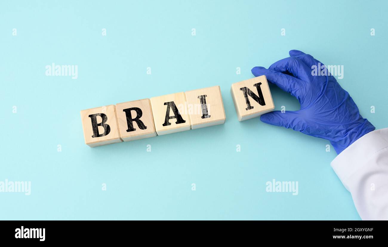 Cubetti di legno con l'iscrizione Brain su sfondo blu. Concetto di malattia di Altzheimer, formazione cerebrale, vista dall'alto Foto Stock