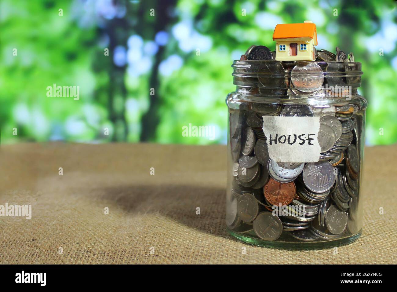 Immagine di messa a fuoco selettiva della mini casa sulla parte superiore delle monete in vaso di vetro Foto Stock