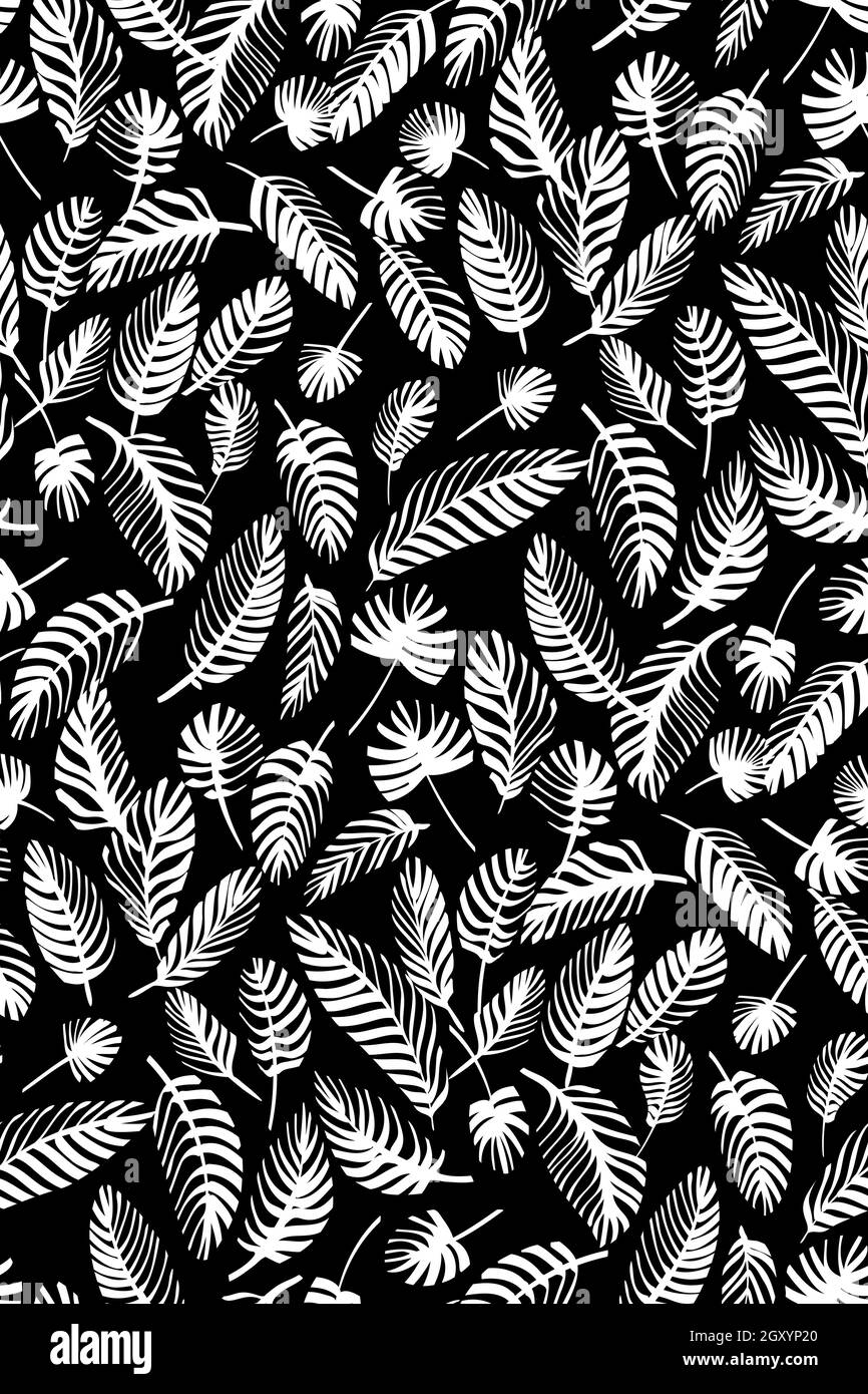 Foglie tropicali motivo di sfondo senza giunture. Illustrazione vettoriale,foglie di palmo disegnate a mano. Illustrazione Vettoriale