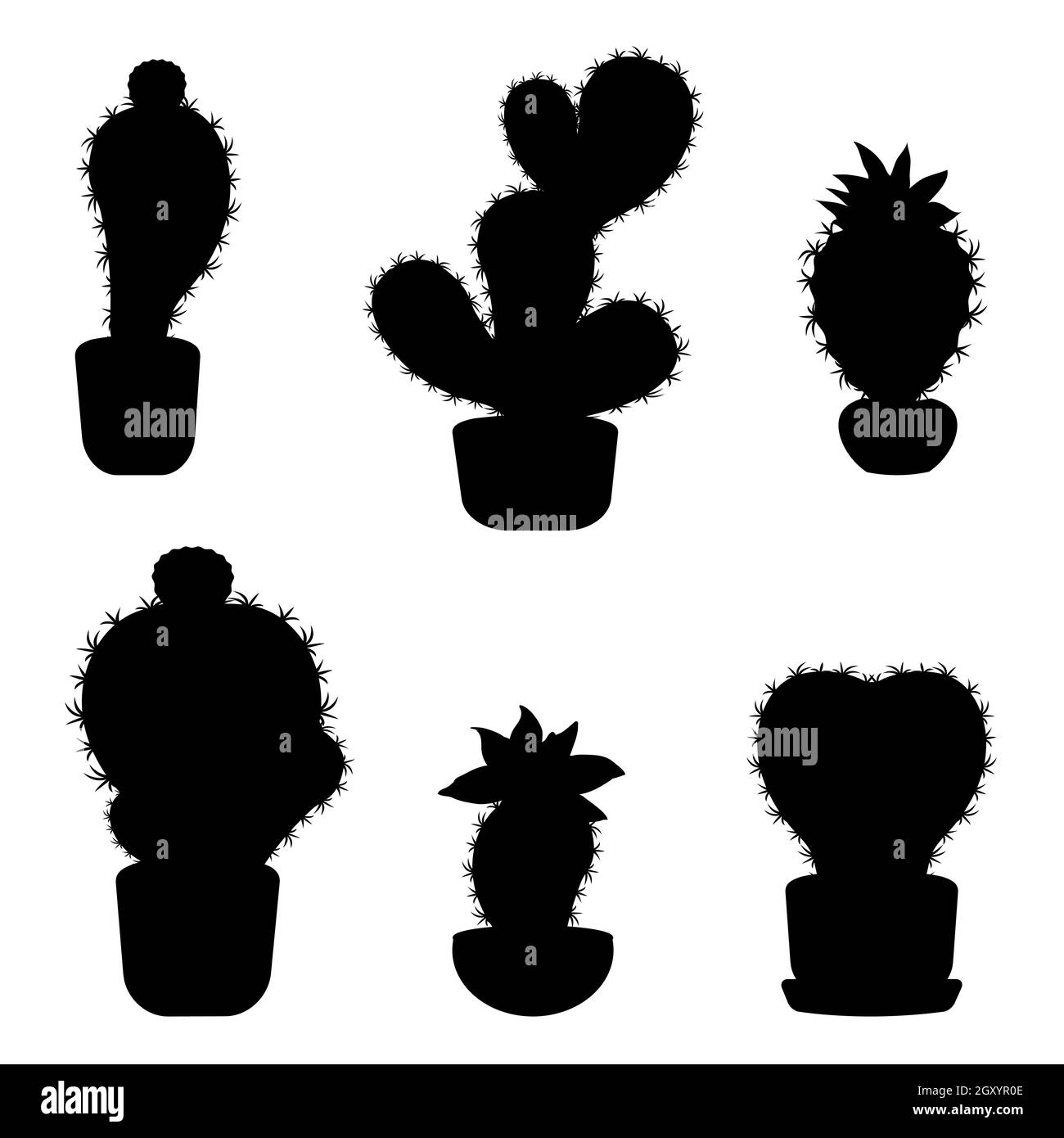 Set di silhouette di cactus in pentole. Silhouette di piante di casa isolate su sfondo bianco. Illustrazione Vettoriale