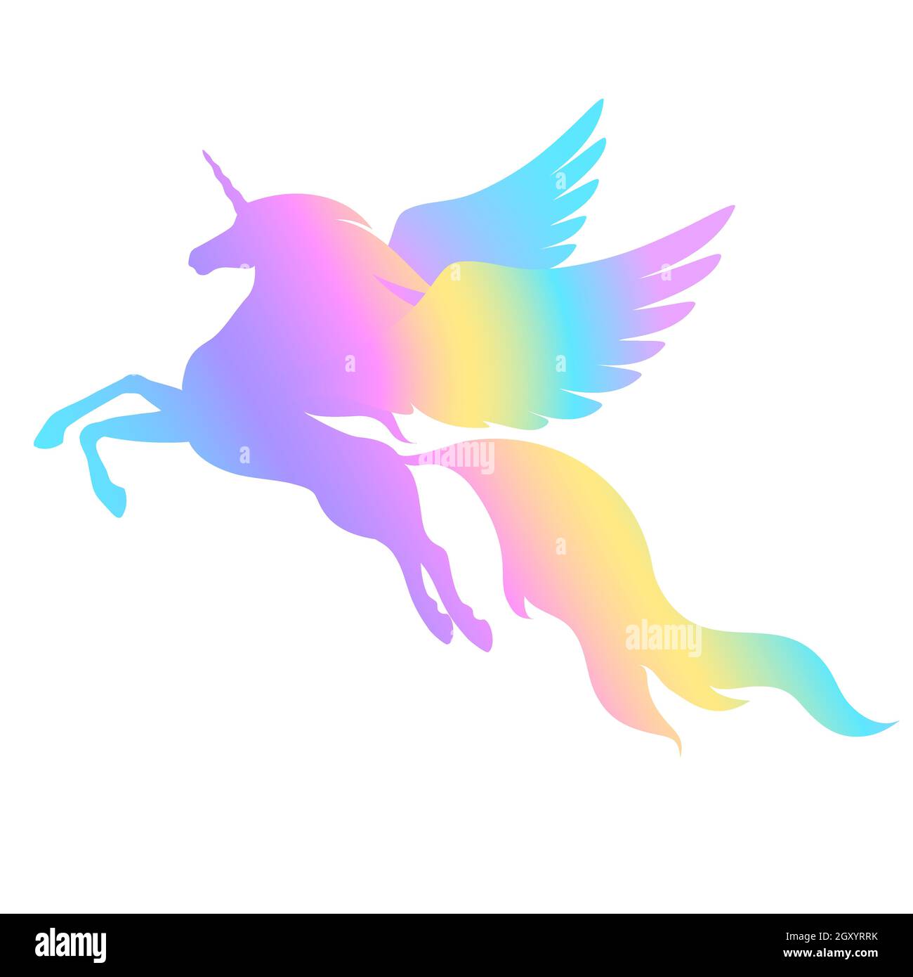 Silhouette di unicorno alare. Silhouette di un arcobaleno e una stella scintillante isolata su sfondo bianco. Elemento per la creazione di un progetto. Illustrazione Vettoriale