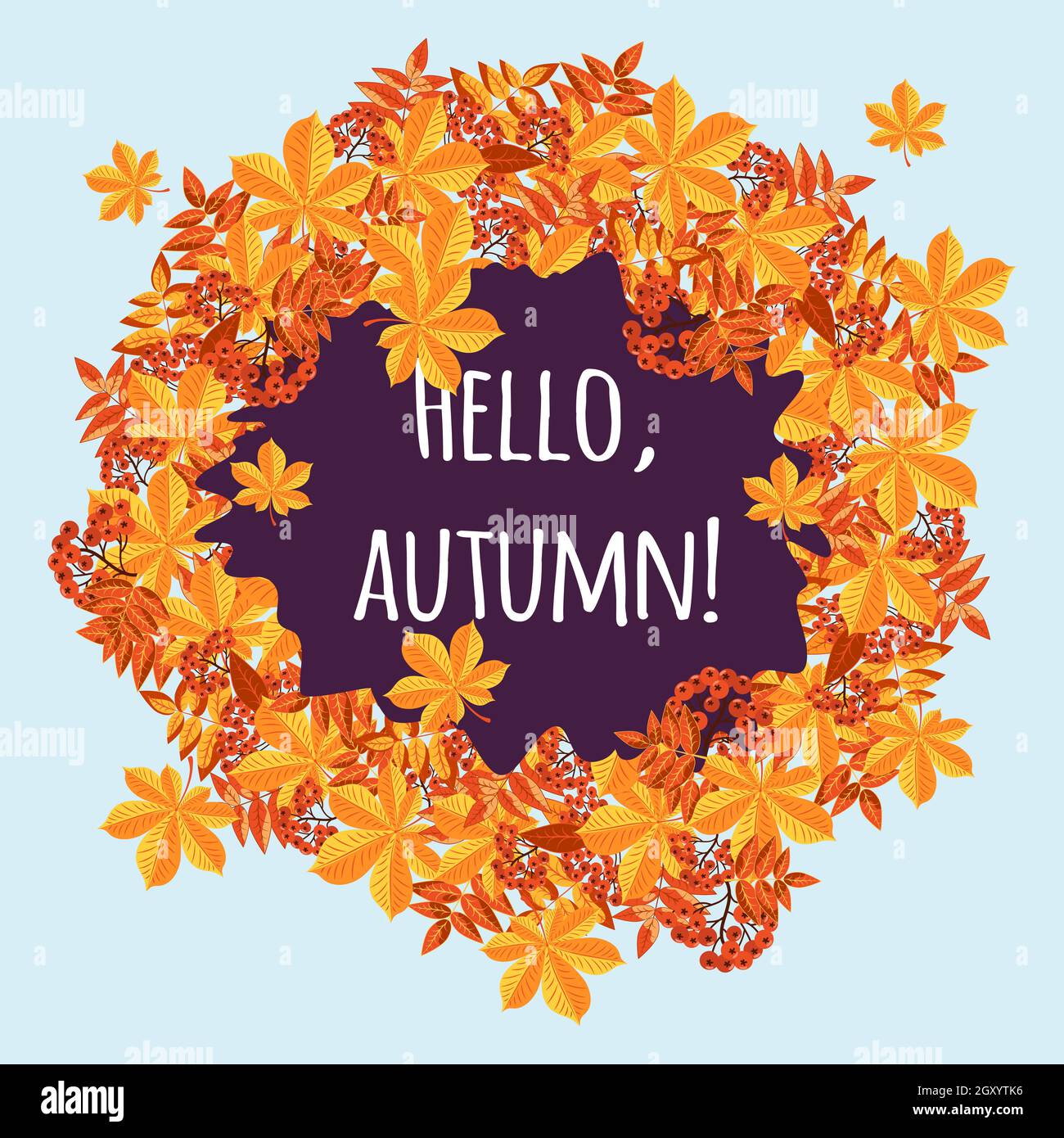 Sfondo autunnale con una corona di frutti rossi di rowan e foglie di castagne gialle. Salve, autunno. Immagine vettoriale. Illustrazione Vettoriale
