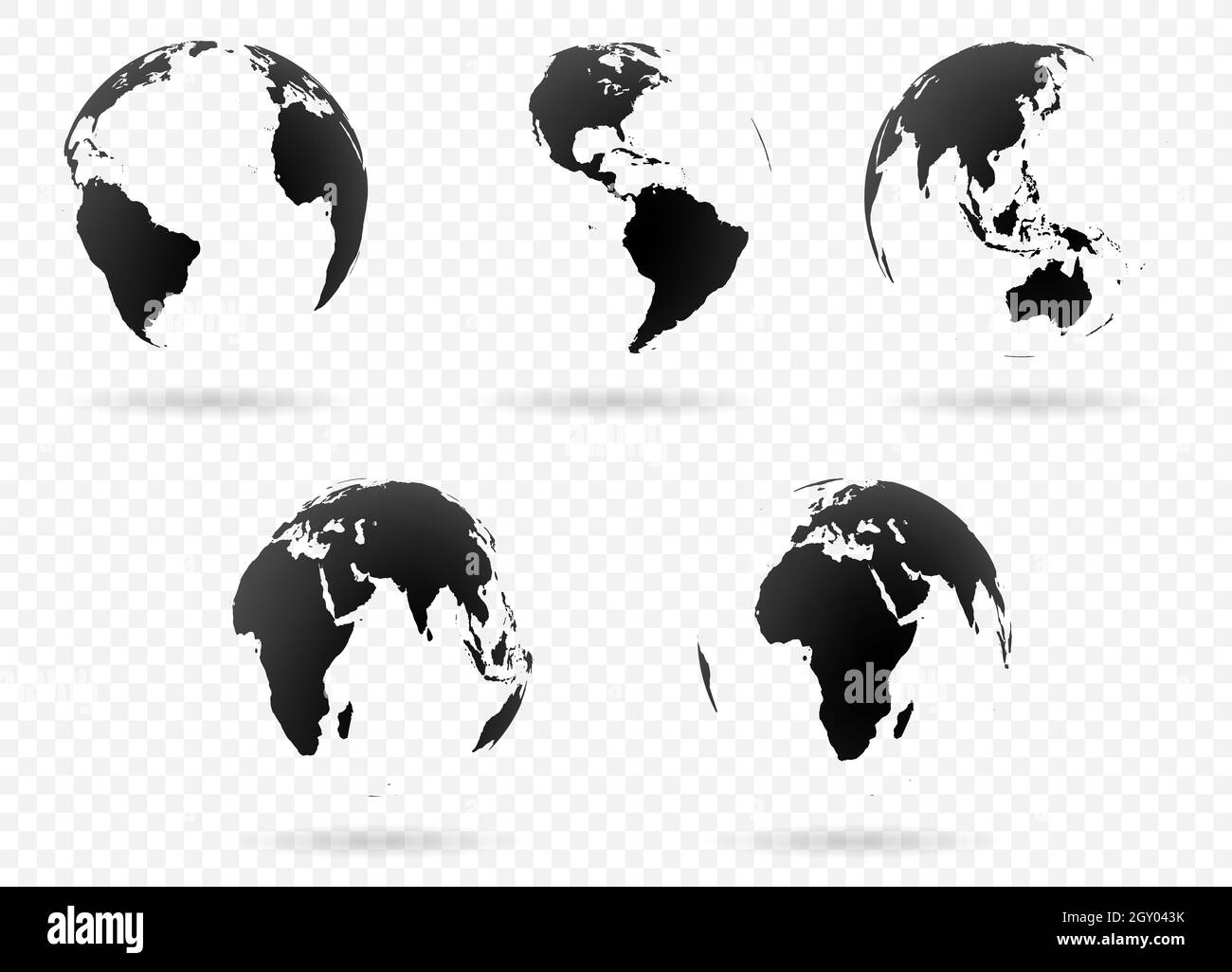 Set di terra icona a forma di globo in diverse viste. Altamente dettagliate immagini dei continenti con parti trasparenti. Illustrazione Vettoriale Foto Stock