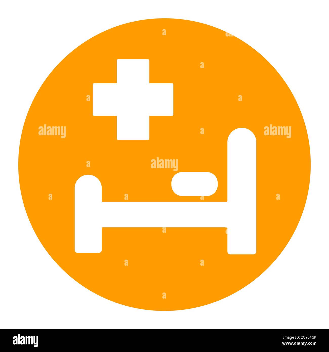 Icona del glifo bianco del letto dell'ospedale e del vettore incrociato. Medicina e assistenza sanitaria, segno di supporto medico. Simbolo grafico per il sito web medico e app design, logo Foto Stock