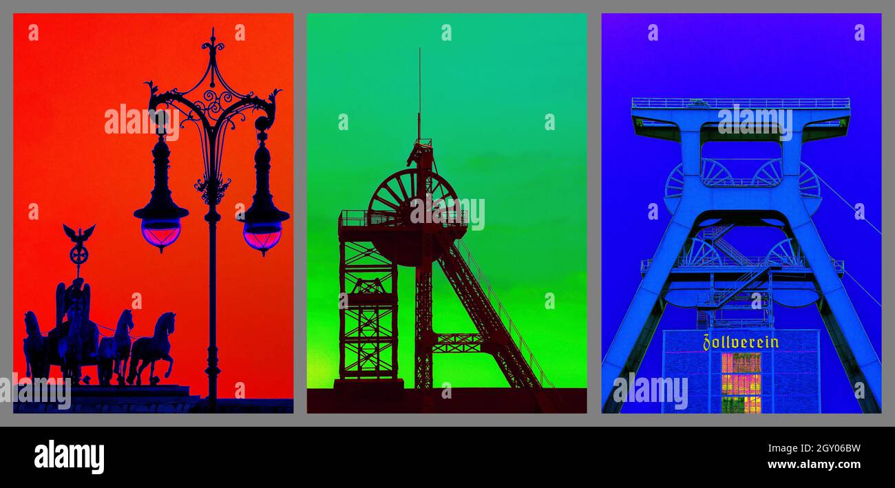 Fotografia sperimentale basata sulla Quadriga sulla porta di Brandeburgo con lanterna storica a gas, Headframe Tomson Bock a Dortmund e Headframe Zeche Foto Stock