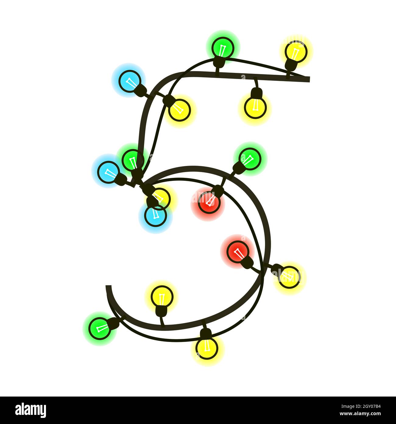 Natale cifra 5 da ghirlanda isolato su bianco. Lampadine colorate sui fili. Carattere scritto a mano per testo o logo. Vettore EPS 10. Illustrazione Vettoriale