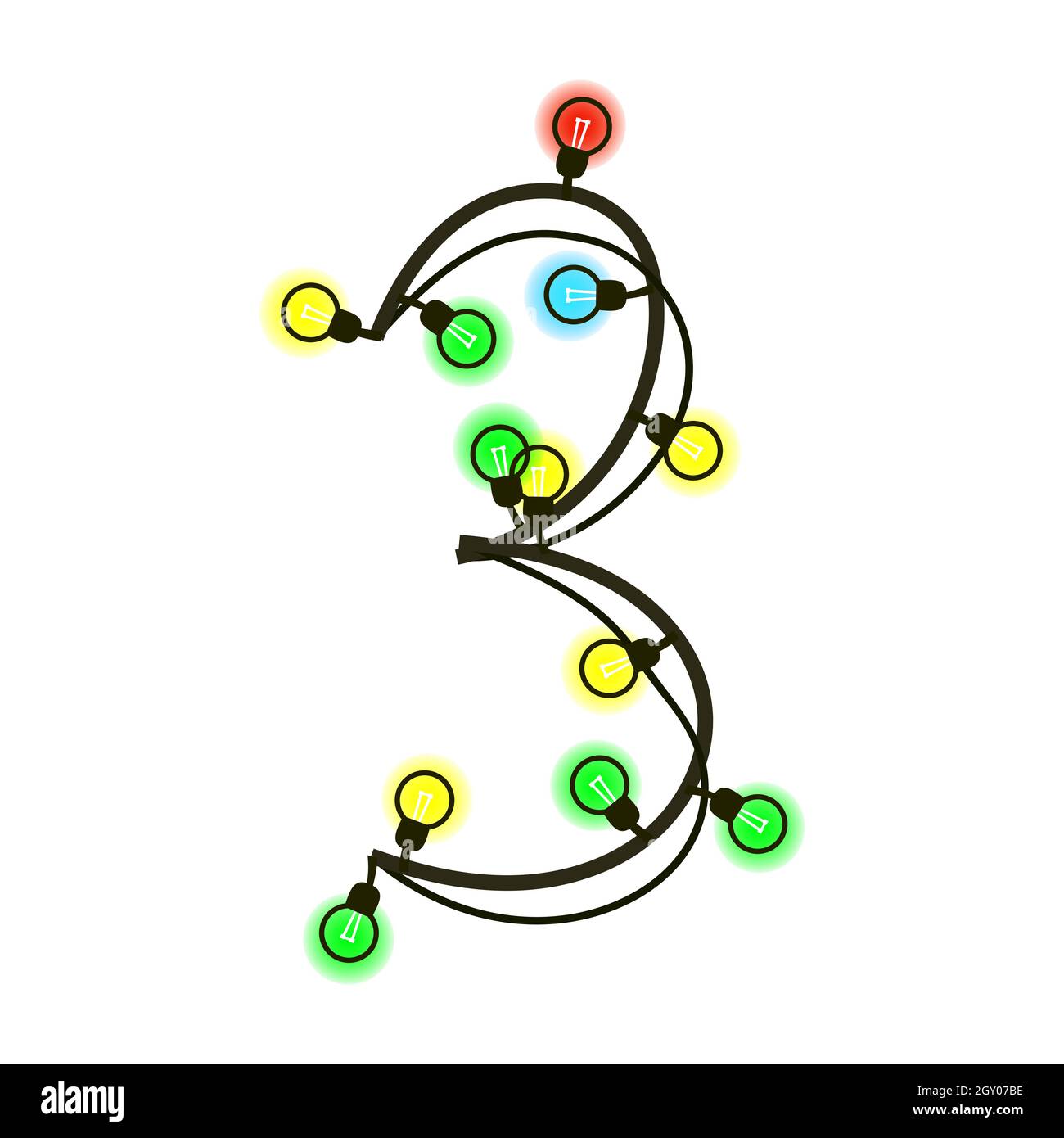 Natale cifra 3 da ghirlanda isolato su bianco. Lampadine colorate sui fili. Carattere scritto a mano per testo o logo. Vettore EPS 10. Illustrazione Vettoriale