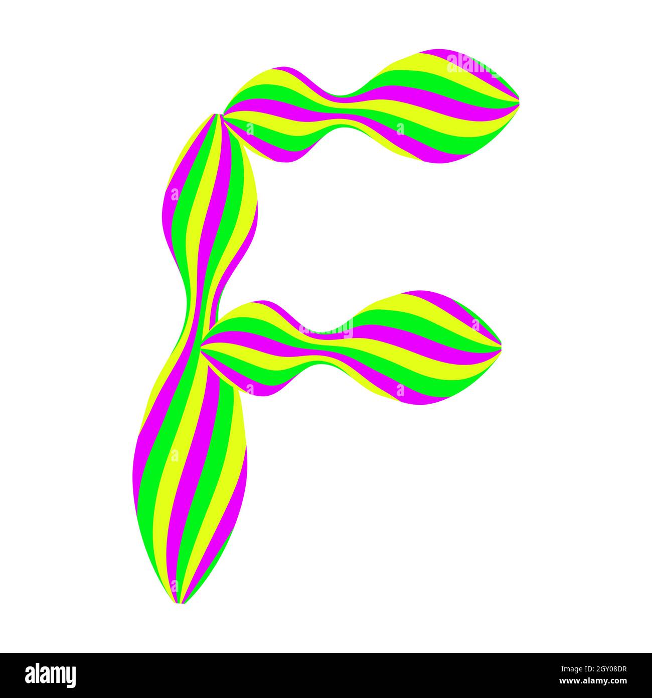 Lettera maiuscola F fatta di caramello caramella isolato su bianco. Carattere realizzato con strisce colorate curve. Carattere scritto a mano per il testo di congratulazioni divertente. Illustrazione Vettoriale