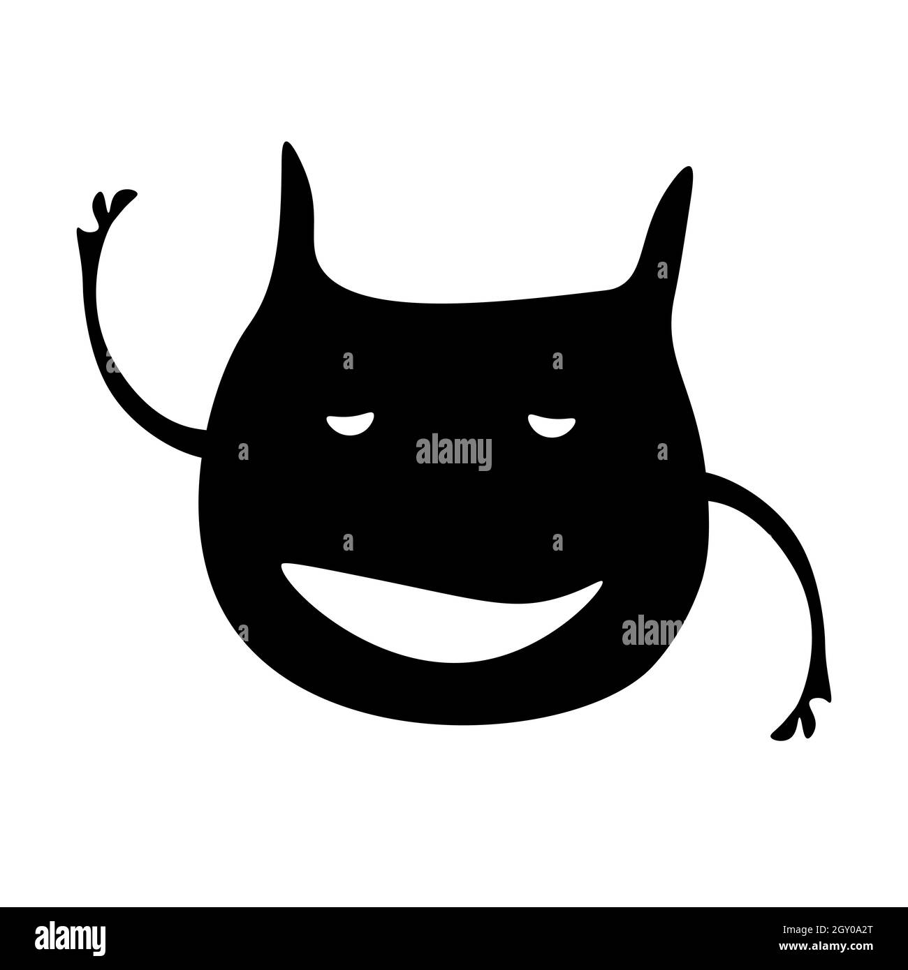 Silhouette di una creatura pigra e sonnolenta con una mano sollevata. Bocca grande senza denti, orecchie e occhi piccoli. Vettore isolato su sfondo bianco. Illustrazione Vettoriale