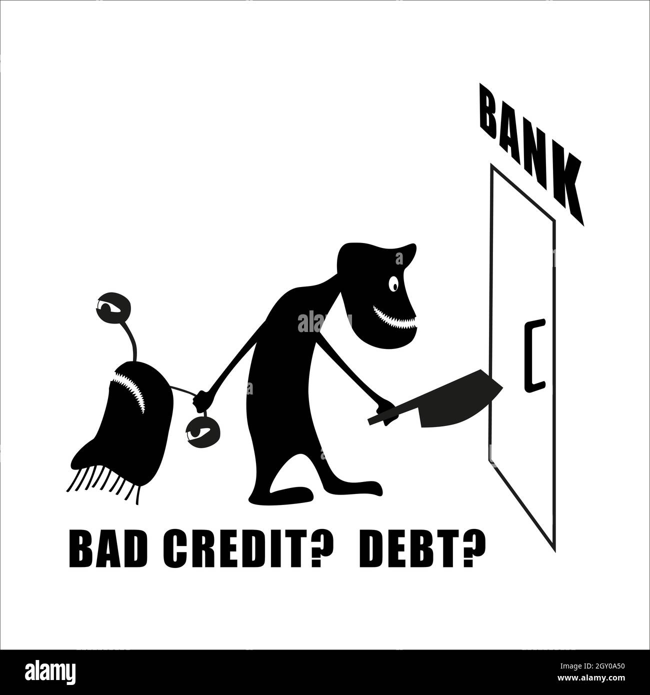 Un banchiere malvagio con un'ascia trascina il debitore verso la banca. Cattivo credito? Prestito di interesse. Simpatiche creature di silhouette. Creature isolate disegnate a mano. Tutto Illustrazione Vettoriale